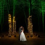 newlyweds kissing under lit up trees